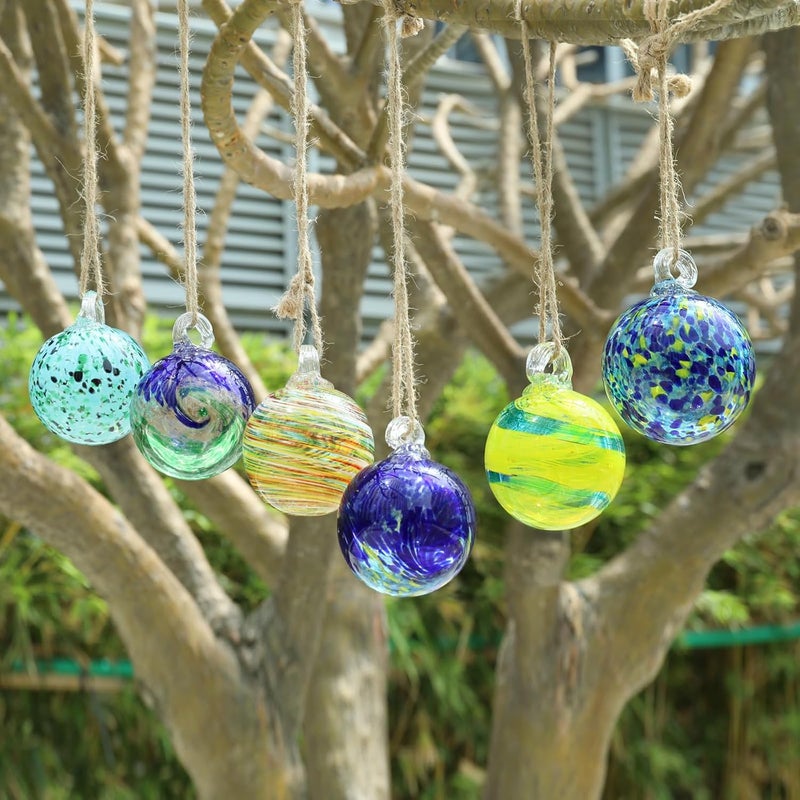 VCUTEKA Hanging Garden Gazing Ball, Hand-Blown Glass Witch Ball for Outdoor Garden Décor, 6pcs 3" Colorful Swirl - Image 3